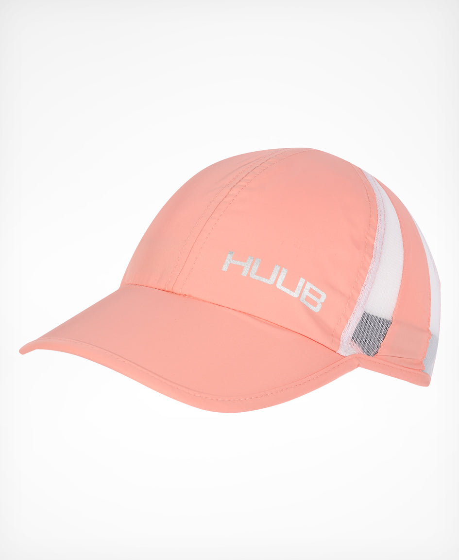 HUUB Race Cap II – mesh, flat panel, race running cap in Coral, White, or Black, ultra-lightweight and adjustable.