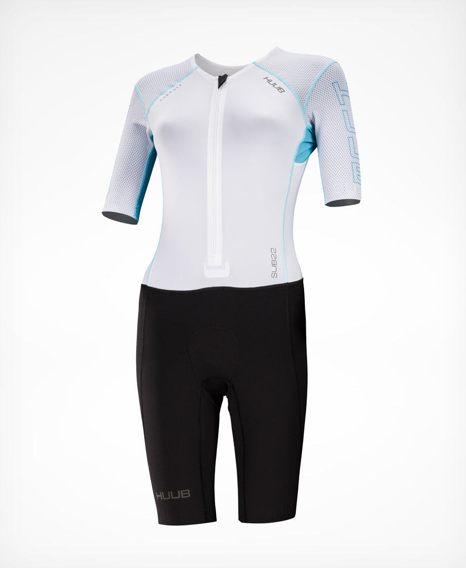 HUUB Anemoi 2 SUB22 Aero Tri Suit Women White Aqua – speed suit, optimal aerodynamics for triathlon racing below 22mph.