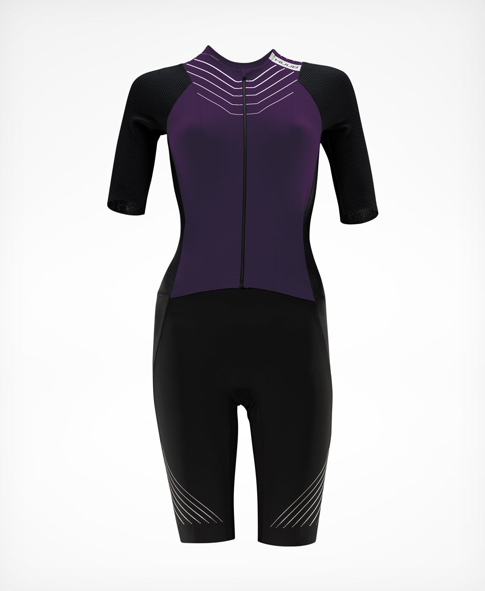 HUUB Pinnacle Tri Suit Women’s Black Grape – open zip, aero fit, premium heat management for triathlon.